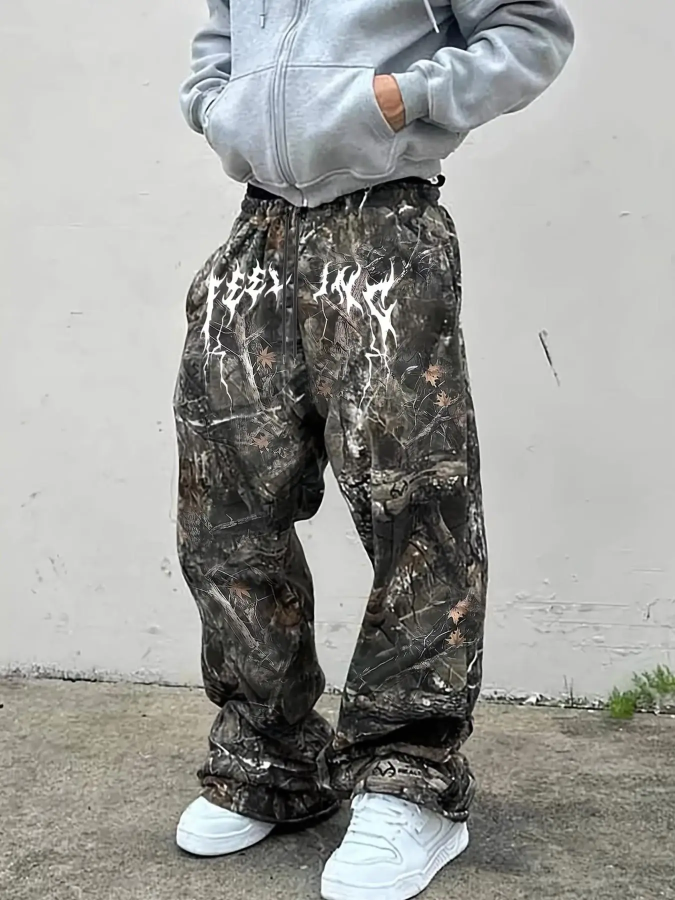 Fashion Street Style Menswear Jungle Camo Camouflage Digital Print and Stripes, Loose Fit Straight Leg Long Sweatpants, Drawstring Waist, Graphic Pattern