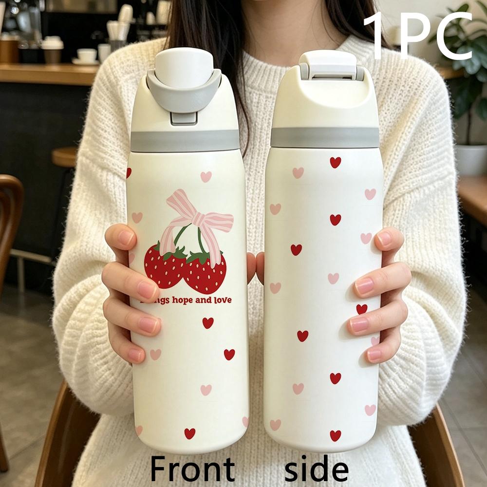 Sweet Bow Strawberry Heart 32oz Insulated Cup, 304 Stainless Steel, Portable Direct Drink, Girl Style, Car Travel Water Bottle, 1 Piece