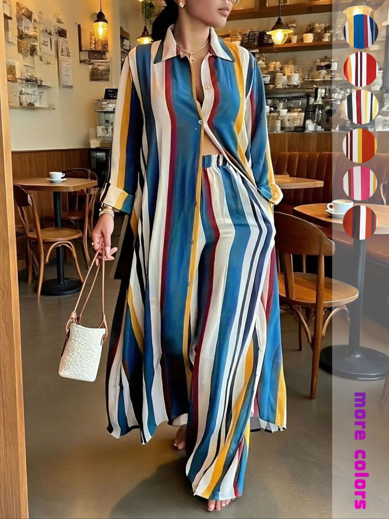 Plus Size Women's Striped Two-Piece Set, Long Sleeve Shirt & Wide Leg High Waist Pants, Casual Flowy, Perfect for Vacation & Daily Wear