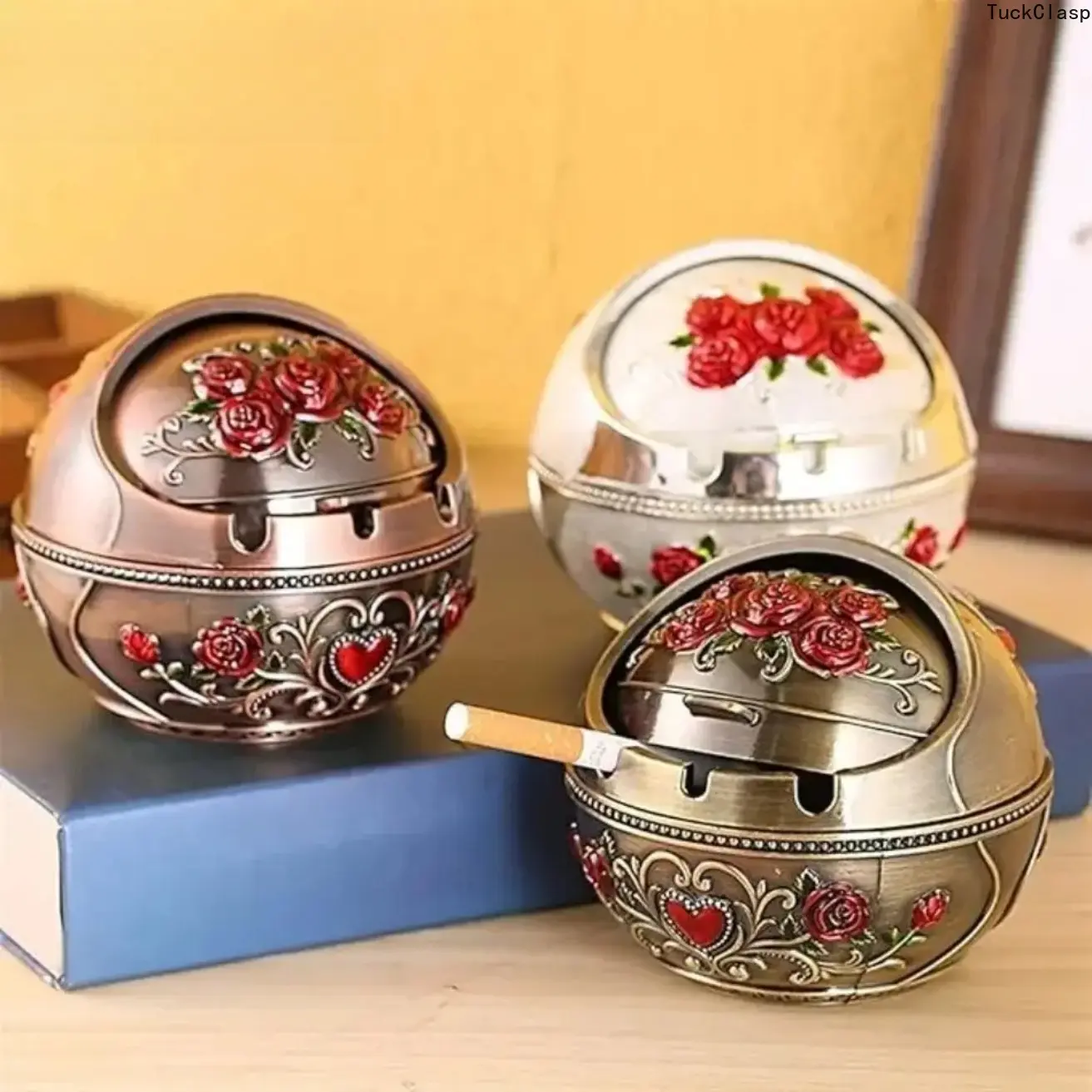 Vintage Stainless Steel Ashtray with Lid, Embossed Rose Pattern Tabletop Decor, Durable Windproof Metal Ashtray for Indoor & Outdoor Use, Classic Home & Patio Ornament, Old-School Artistic Tabletop Decoration