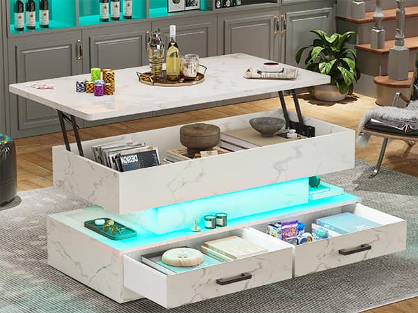 SEDETA 40-inch Faux Marble Rectangular Coffee Table with Drawers & LED Lights Living Room Furniture Foldable Height Adjustable Storage Compartment