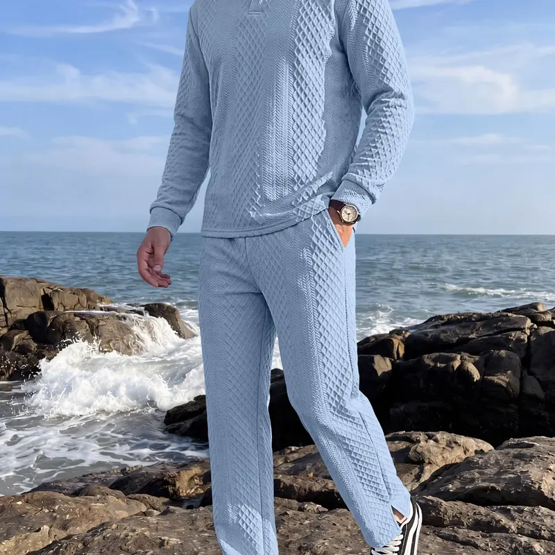 Men's Textured Long Sleeve Polo Shirt & Drawstring Pants Set, Casual Fitted Design, All-Season Wear, Comfortable Fit, Top Trousers Set