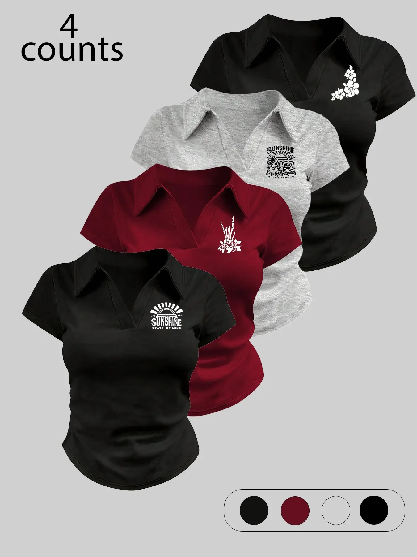 Fitted Cropped Polo Tee with Lapel V-Neck, Soft Breathable Fabric, Slim-Fitting, Available in 4 Colors, Casual Daily Wear