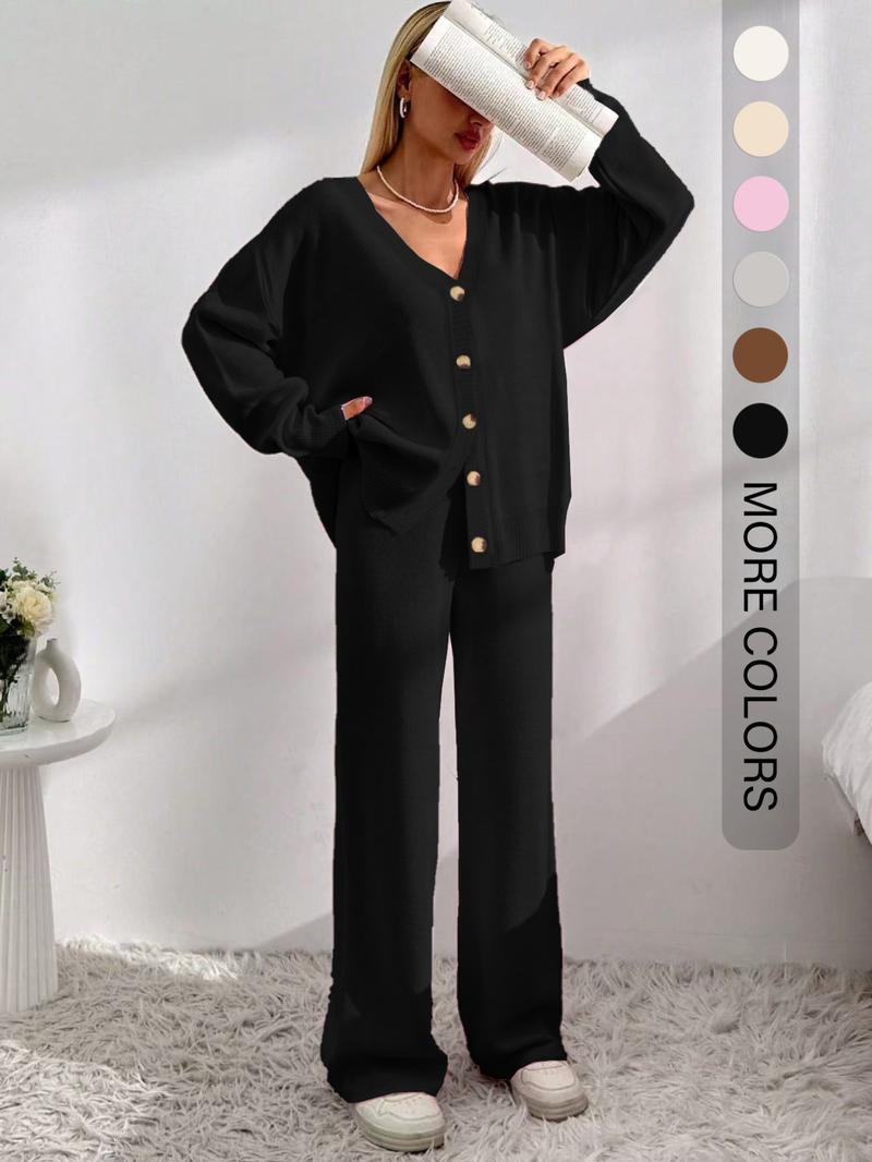 Women's Solid Button-Front Drop-Shoulder V-Neck Cardigan & Elastic Waist Wide-Leg Pants 2-piece Set, Casual Fashion Cozy Knitwear Set for Daily Outdoor Wear, Women's Outfit for Fall & Winter