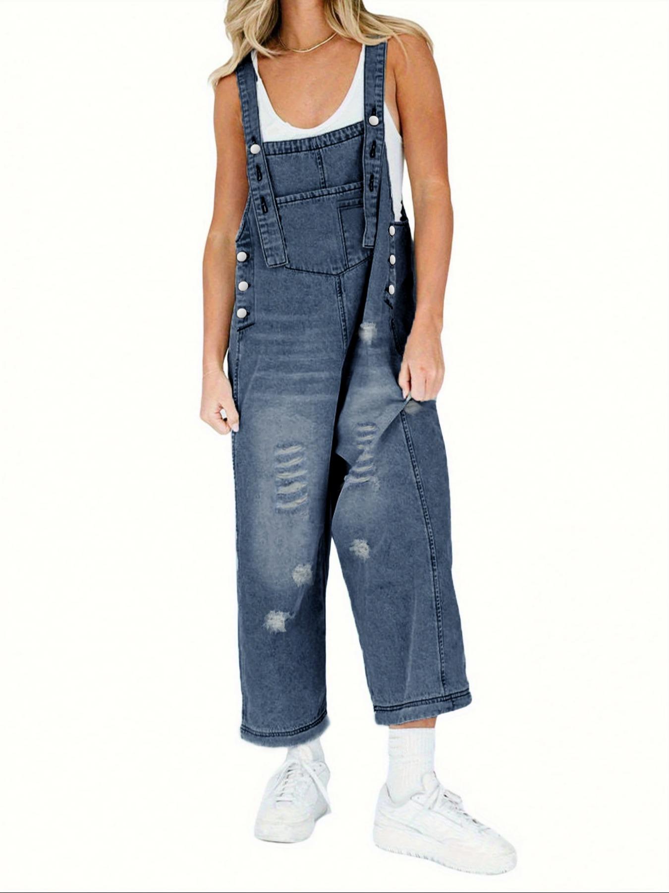 Women's Casual Loose-Fit Denim Overalls, Washed Distressed Design, All-Season Wearable Pantsuit for Daily & Dates