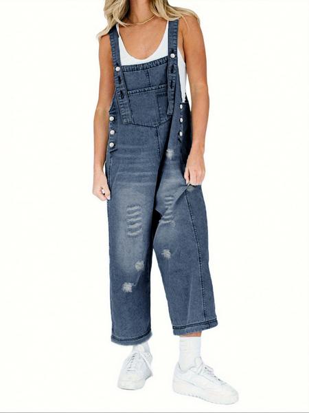 Women's Casual Loose-Fit Denim Overalls, Washed Distressed Design, All-Season Wearable Pantsuit for Daily & Dates