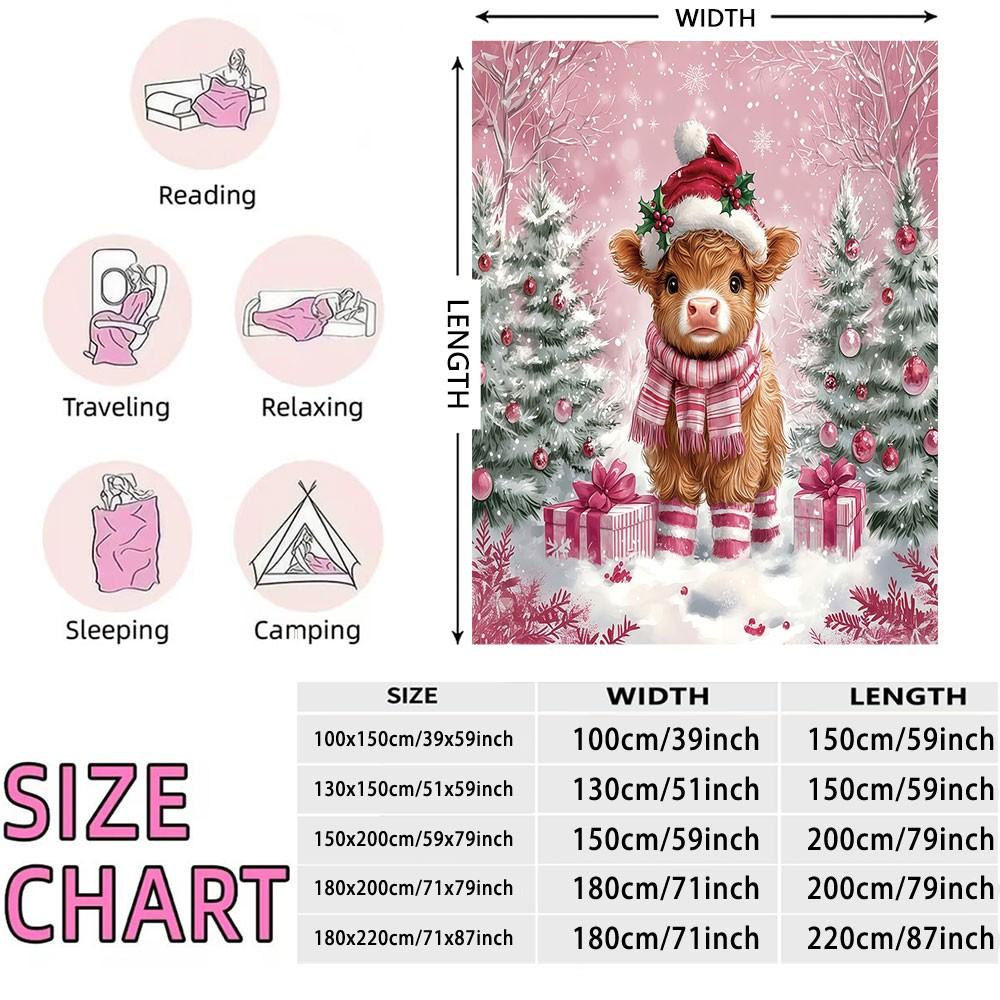 1 Pack Scarf Wearing Highland Cow Christmas Flannel Blanket, Soft Warm Throw for Couch, Car, Office, Camping X‑mas Gift