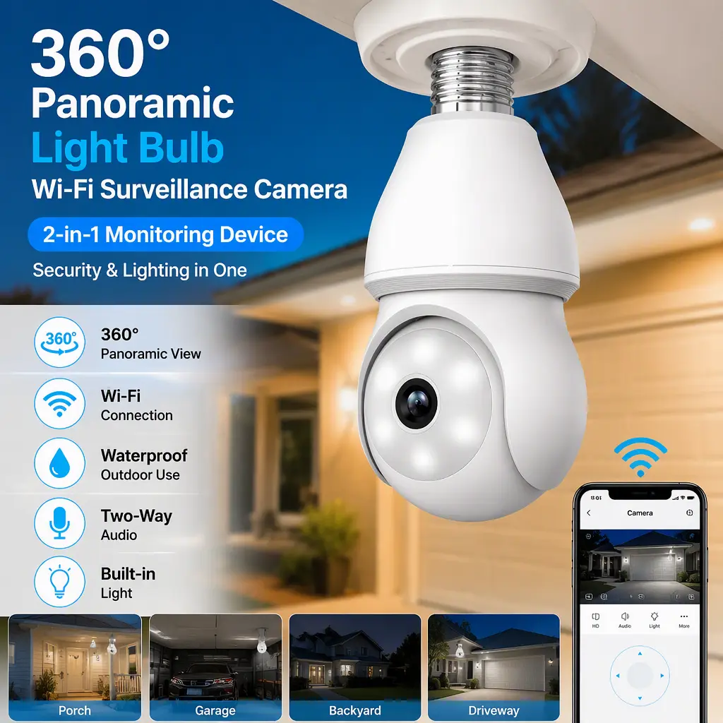 360° Panoramic Light Bulb Wi-Fi Surveillance Camera - Waterproof Outdoor Security Camera, 2-in-1 Monitoring Device with Built-in Light & Audio for Porch, Garage Safety