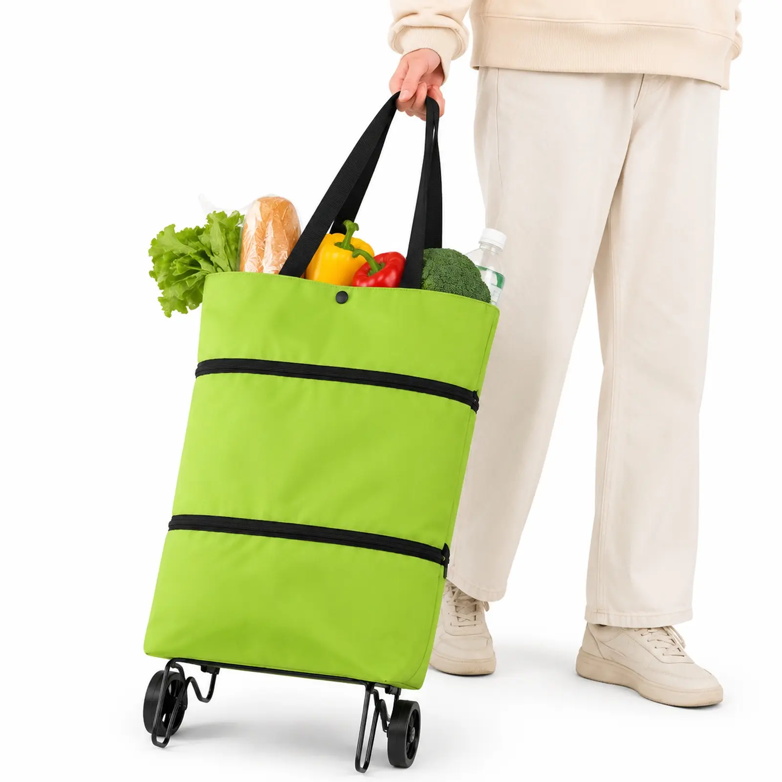 10x18 Inch Foldable Rolling Shopping Bag, Portable Reusable Grocery Tote with Wheels and Carry Handle, Lightweight Storage Bag for Supermarket Trips, Travel, Laundry and Daily Errands.