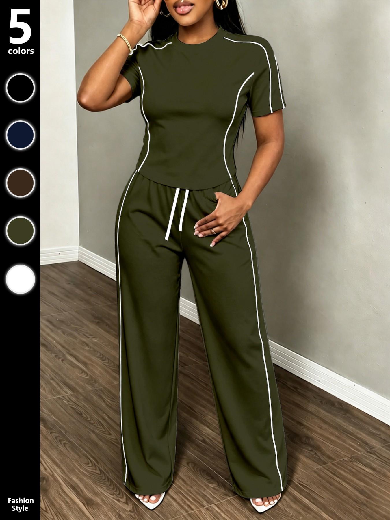 Women's Spring Summer Sporty Two-Piece Set, Fitted Round Neck T-Shirt & Wide Leg Pants, Casual Outdoor Wear, Multiple Colors Available, Sports Activewear Set