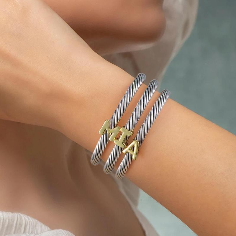 Aprilery Initial Personalized Customization DIY A-Z Letter Cable Cuff Jewelry – Personalized Christmas Gift for Women, Two-Tone Open Bangle Bracelet