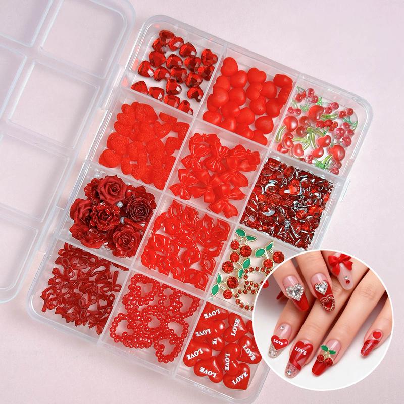 1 Box Valentine's Day Red Nail Charms 3D Creative Resin Heart Bow Mouth Alloy Cherry Nail Art Decorations DIY Festive Manicure Supplies for Women & Grils