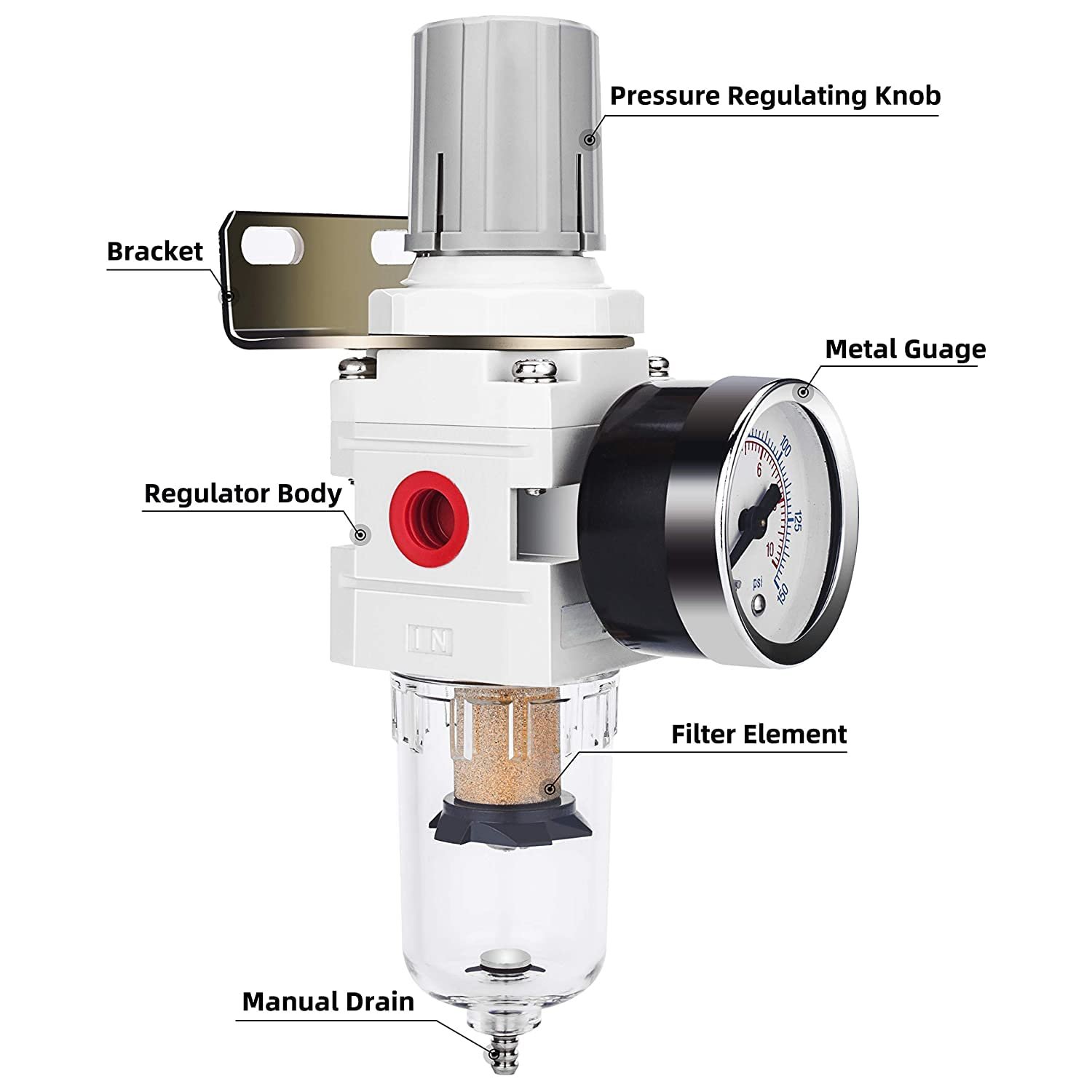 1/4" NPT Air Compressor Filter &  Regulator Combo w/Gauge | 5-micron brass  water/oil separator, poly bowl, semi-auto drain, 20 SCFM, 0-150 psi gauge—for  & air tools