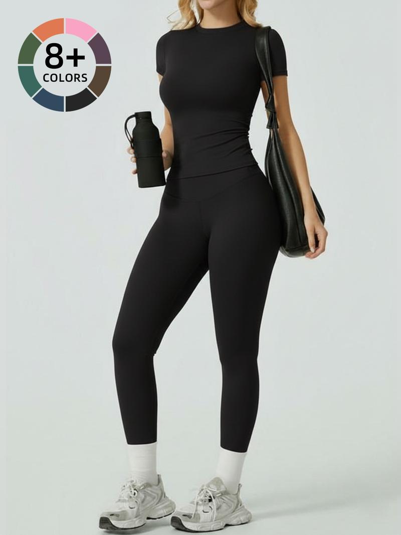 Women's Yoga 2-Piece Set, Breathable Short Sleeve Tee & High Waist Tight-Fit Pants, Sporty Style, All-Season Wear, Yoga Outfit Set, Casual Workout Loungewear