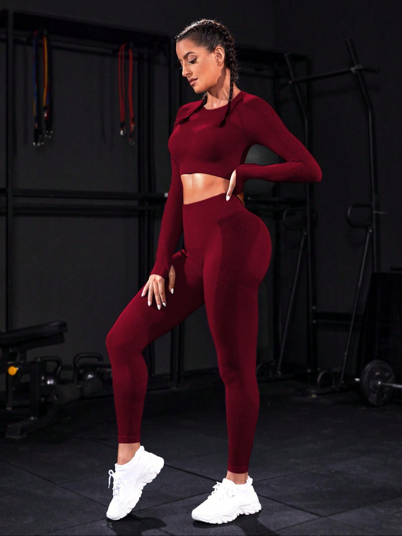 Two-piece Set Sporty Women's Plain Round Neck Crop Top & Ruched High Waist Leggings Tracksuit Set, Comfy Breathable Two-piece Outfits for Yoga Gym Running, Ladies Sportswear for All Seasons, Activewear, Athletic Wear, Gym Clothes Workout