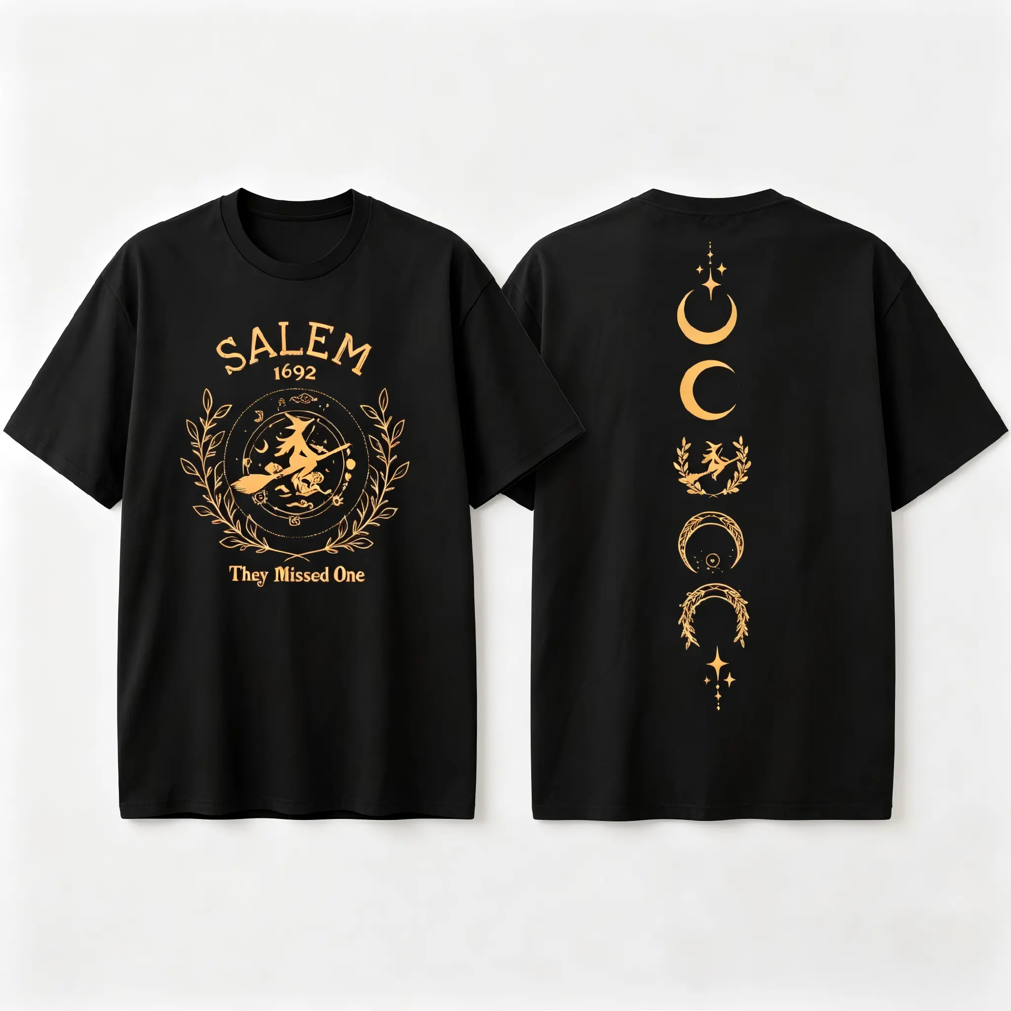Salem 1692 They Missed One Double Sided T-Shirt Women Witch Crescent Moon Back Print Crew Neck Short Sleeve Tee Halloween Vintage Witchy Occult Mystical Gothic Casual Oversized Top Gift For Wicca Lovers Halloween Party Outfit