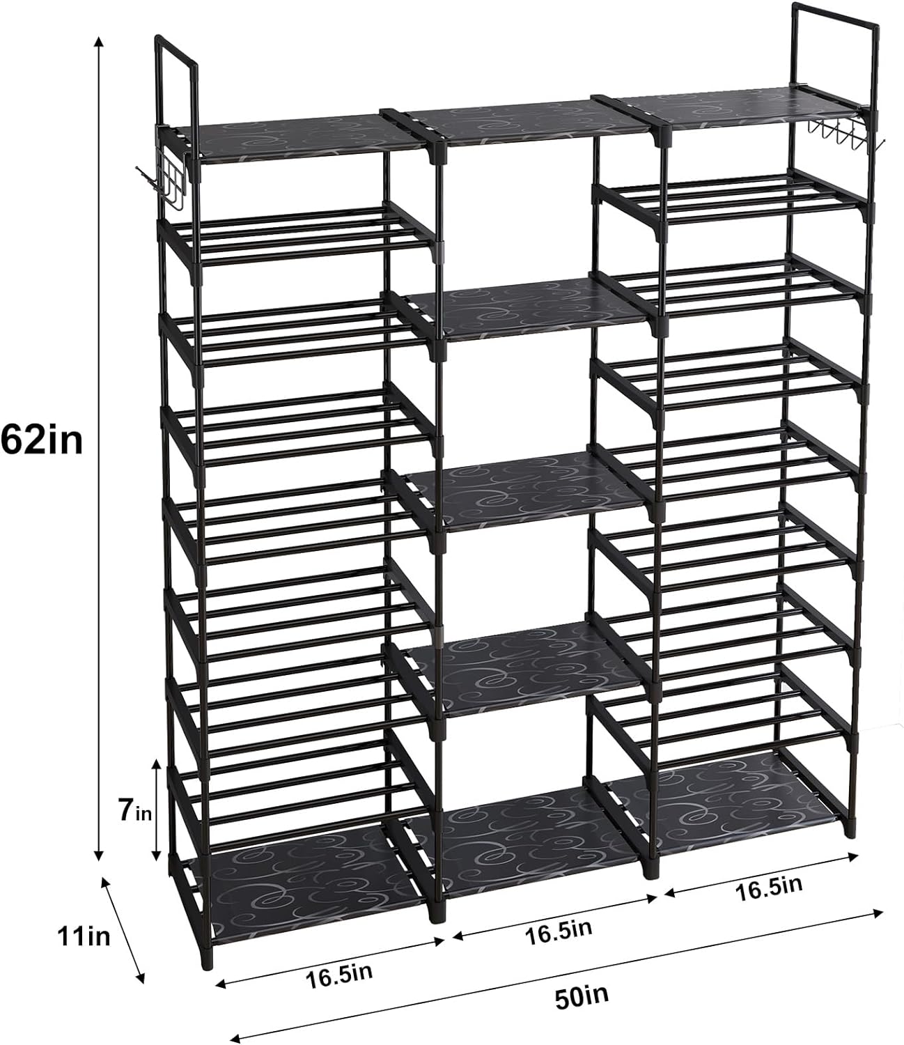 MOMOK 9 Tiers Shoe Rack Organizer,  Max Holds 55 Pairs, Metal Shoe Storage, Shelf with Hooks for Entryway, Garage, Black