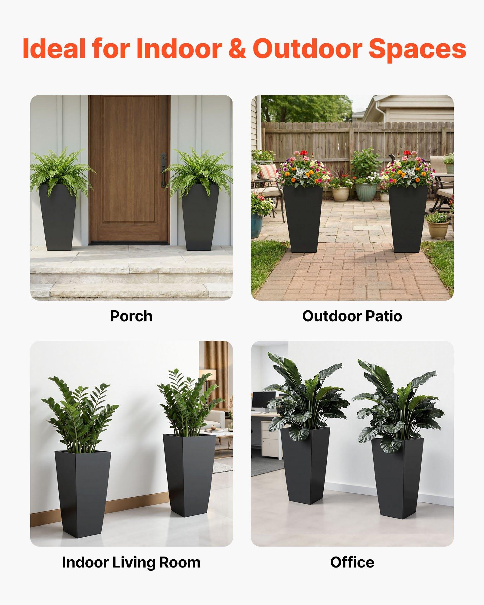 VEVOR Tall Planters Set of 2, 26 Inch Large Outdoor Taper Planters for Outdoor Indoor Plants, Front Porch Plastic Modern Flower Pots with Casters, Inner Pot & Drainage Holes for Patio, Garden, Black