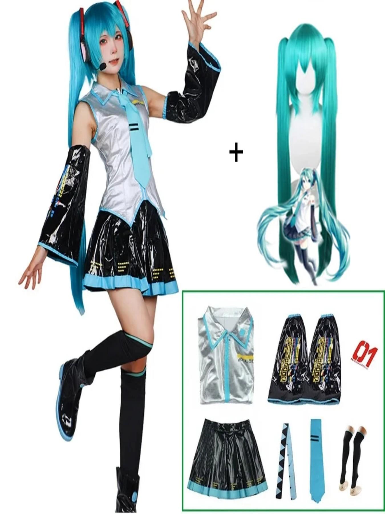 Miku Cosplay Full Set Silver Leather Fabric Suit Miku Cosplay Headwear Costume Outfit JK Sailor Dress High School Uniform Hallow