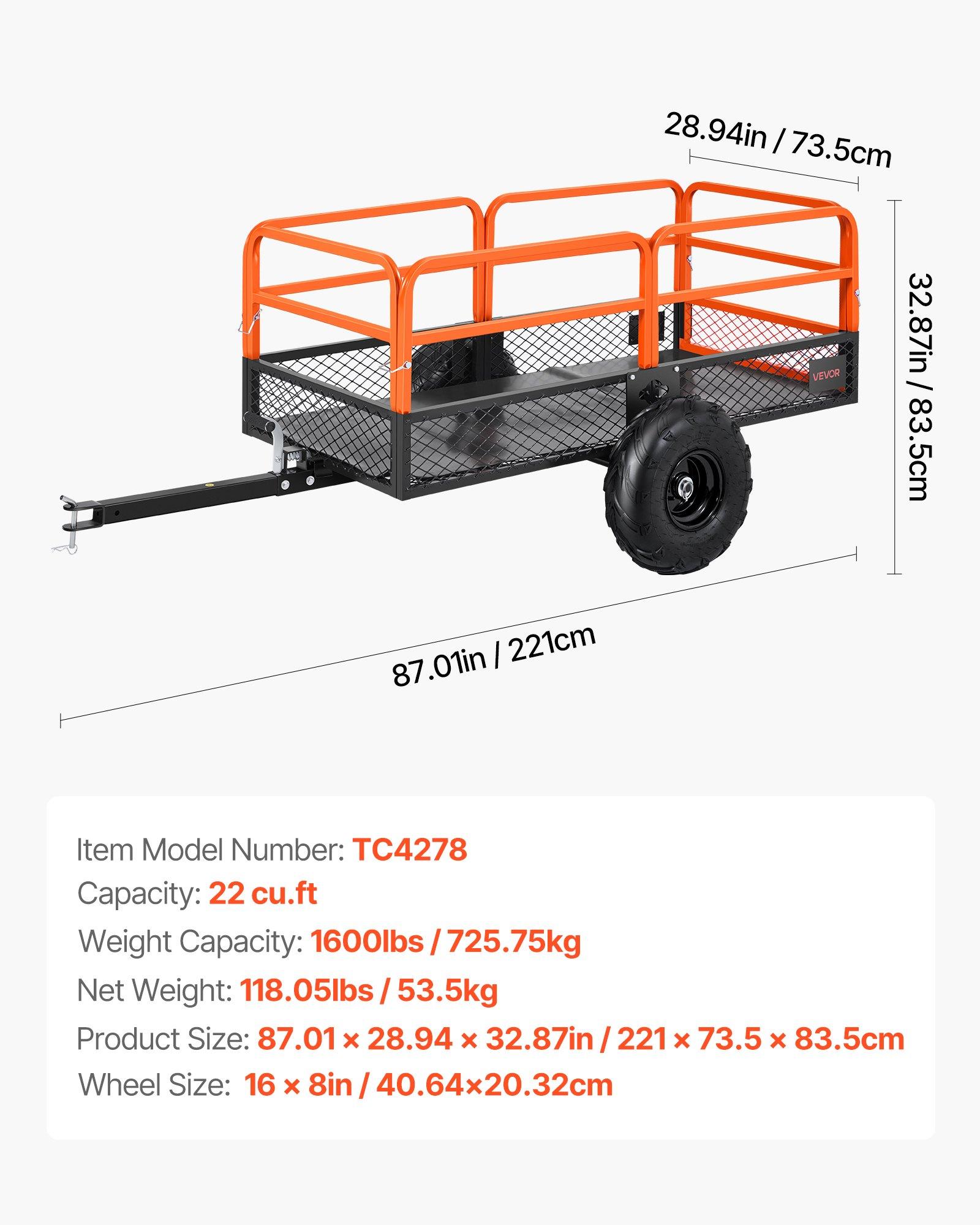 VEVOR Garden Utility Trailer, 22 Cu.Ft. & 1600lbs, ATV UTV Trailer, Tow Behind Steel Dump Trailers, Removable Rear Panel, Heavy Duty Pull Behind Yard Trailers for Lawn Mower Tractor Garden Waste