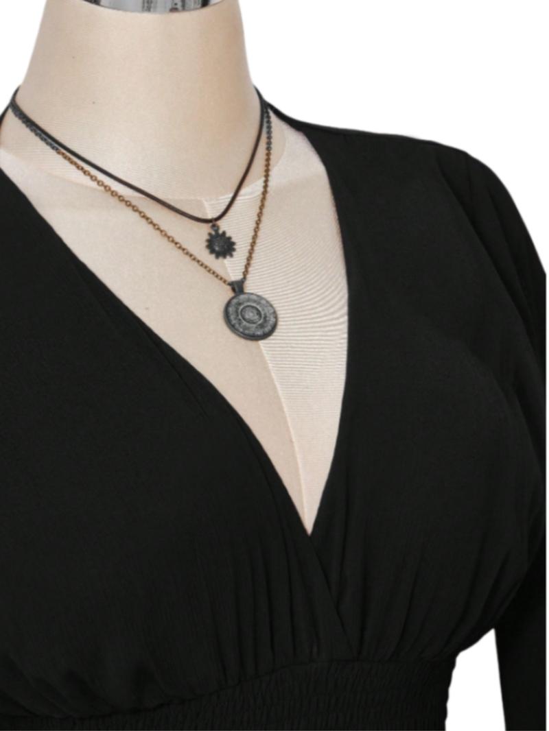 Women's Gothic Style V Neck Waist Cinched Dress, Elegant Long Sleeve Mini Dress, Autumn/winter Lantern Sleeve Dress