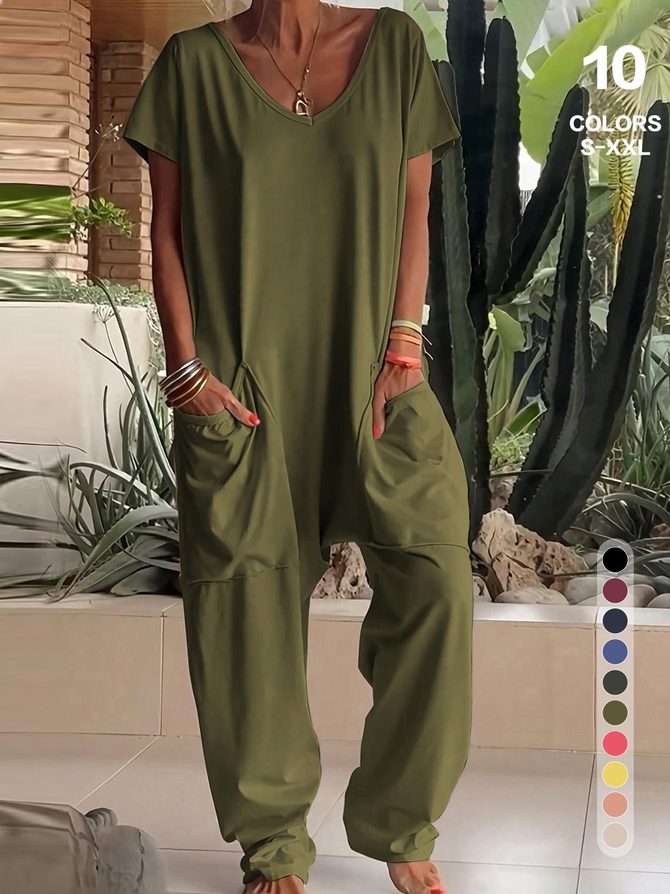 2026 Women's Casual Oversized Jumpsuit, Casual Jumpsuits, Short-Sleeve Batwing V-Neck Harem Pants With pockets, Loose Fit Wide Leg, Perfect for All Seasons, Stylish & Comfortable，Suitable for Daily Home Wear and Fashionable for Outings