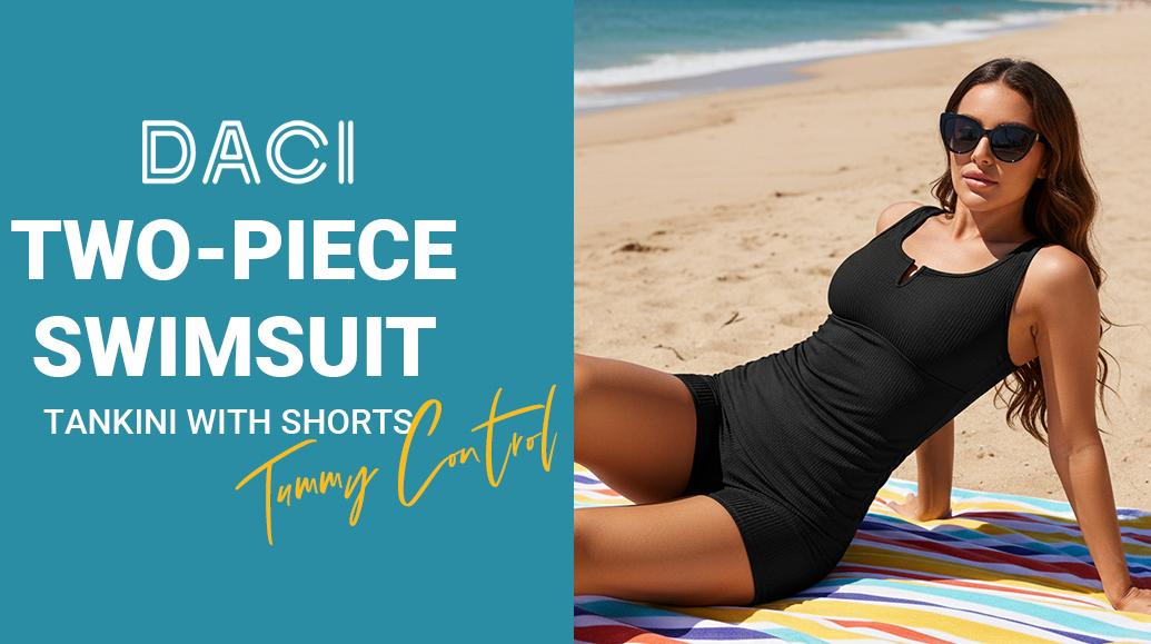 Daci Womens Two Piece Tankini Swimsuits - Tummy Control Bathing Suit with Shorts V Wire Tankini Top Ribbed Swimwear
