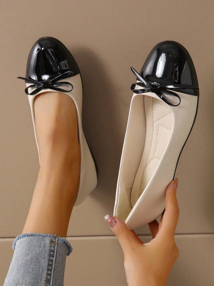 Women's New Black White Color Block Mary Jane Flats Bow Round Toe Comfortable Office Shoes Soft Sole Lazy Shoes