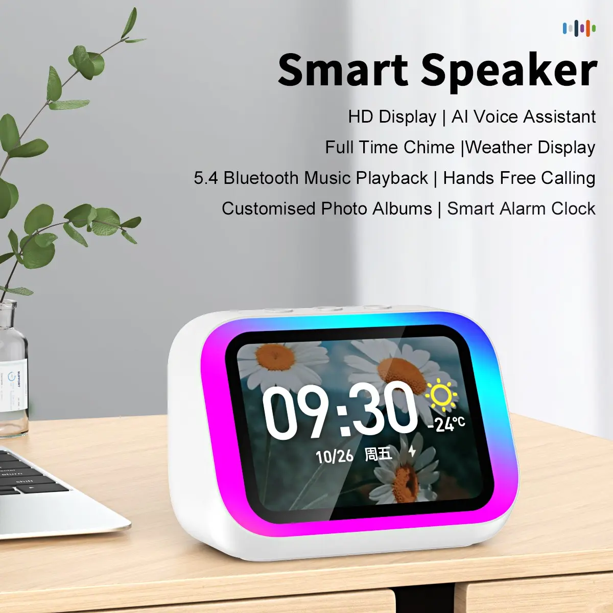 Ai Smart Speaker with Intelligent Alarm Clock, Wireless Bluetooth-compatible Speaker, Dynamic RGB Lights, High-Definition Display, 1800mah Battery