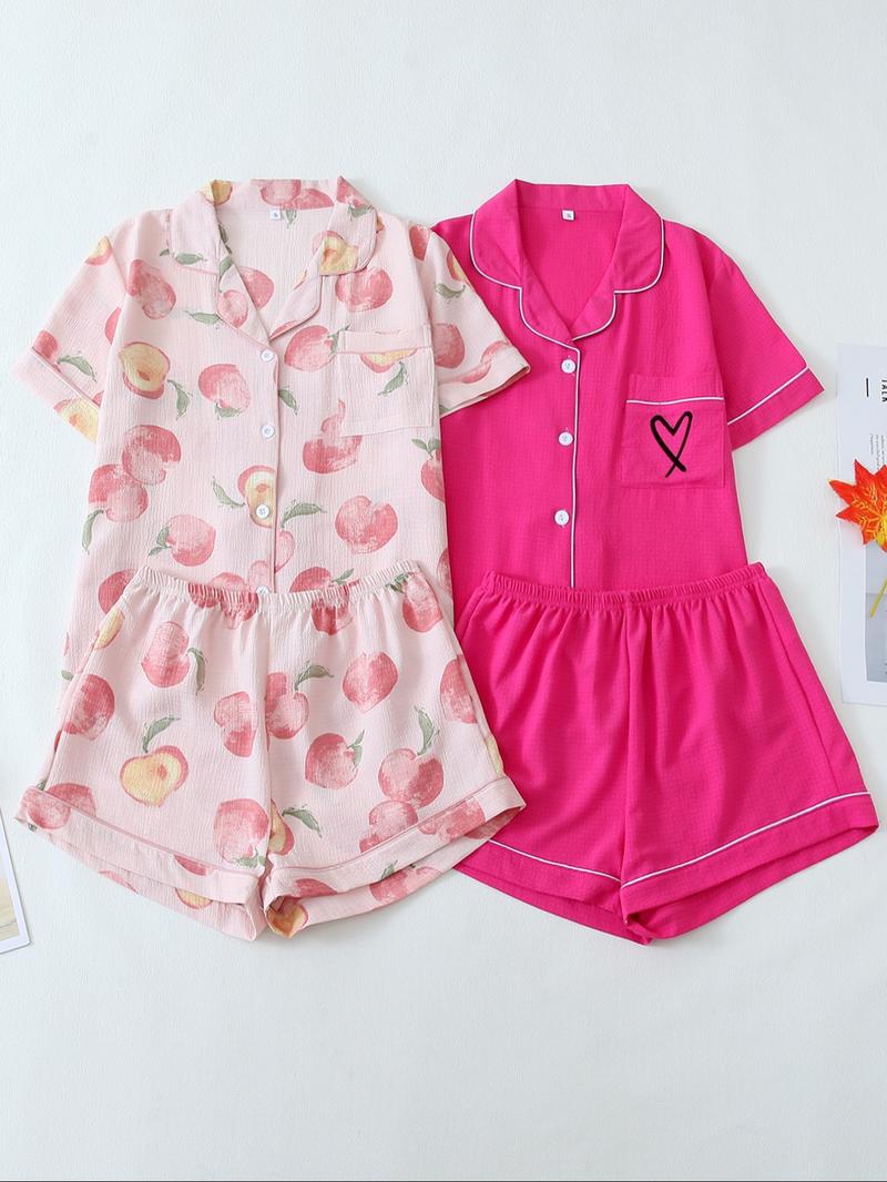 Women's All Over Print Loungewear Set, Contrast Binding Pocket Top & Shorts Pj Set, Ladies Summer Sleepwear