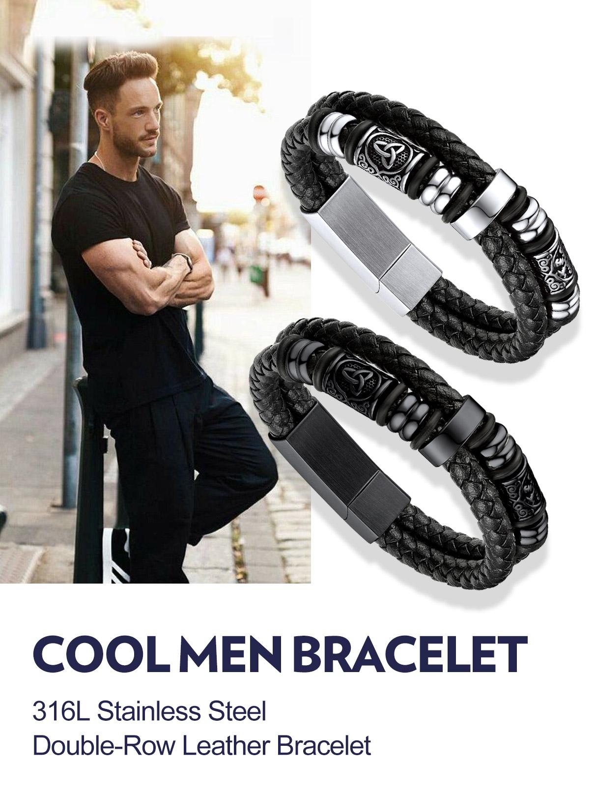 FaithHeart Viking Black Leather Braided Bracelet for Unisex Stainless Steel