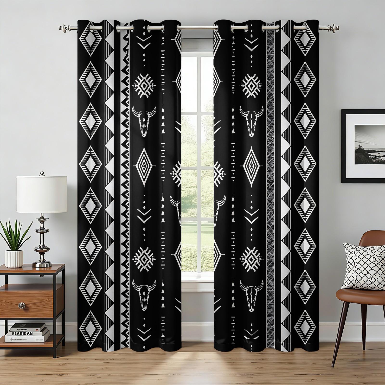 2 Panels Tribal Bull Skull Aztec Blackout Curtains Sun Blocking Noise Reducing Window Treatments with Black White Southwestern Pattern for Bedroom Living Room Office Dorm Rustic Western Boho Room Decor