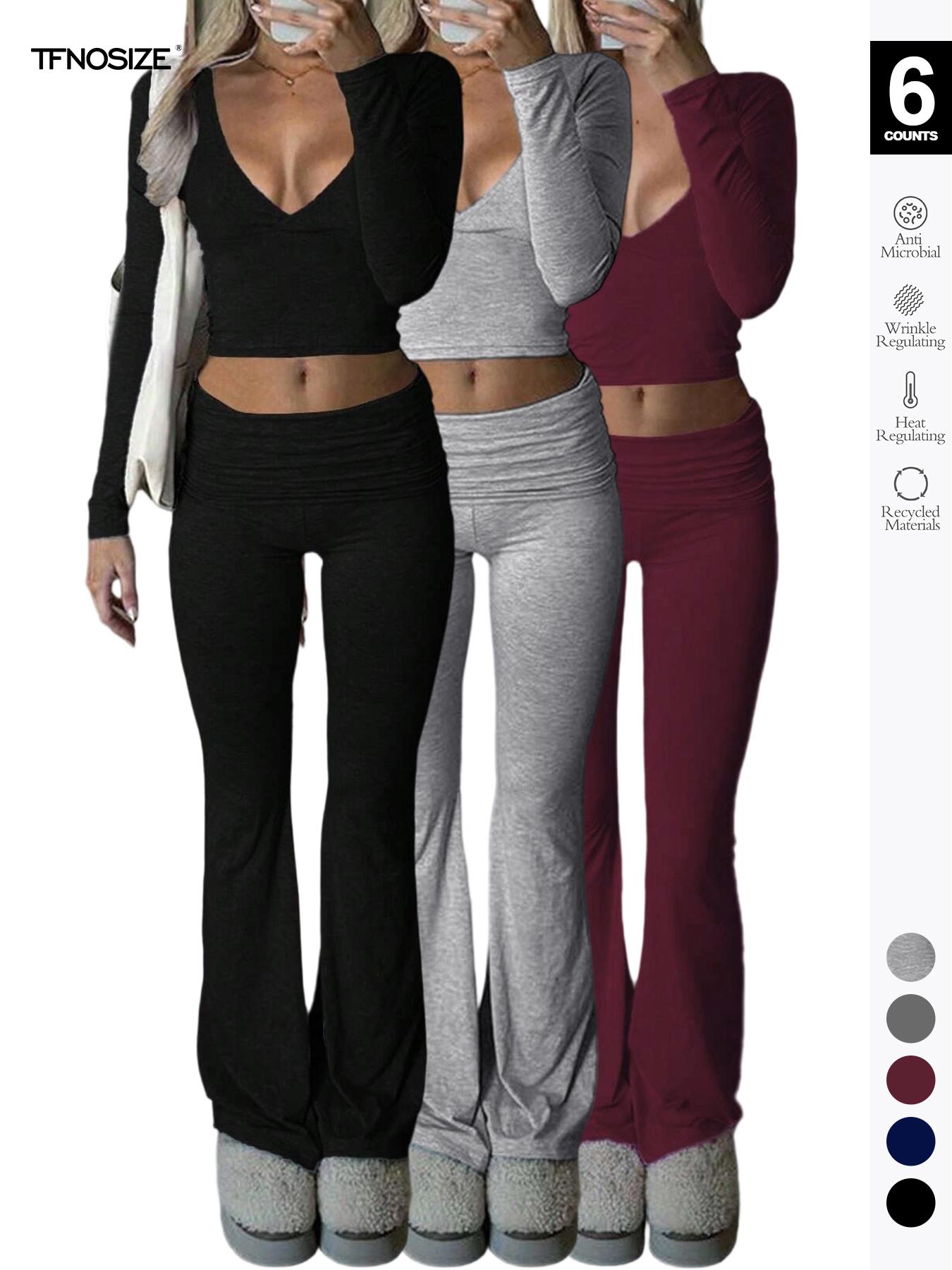 Women's 2/6 Piece Matching Set Long Sleeve Deep V Neck Crop Top and Foldover Flare Leggings Yoga Outfit Flare Pants Tracksuit
