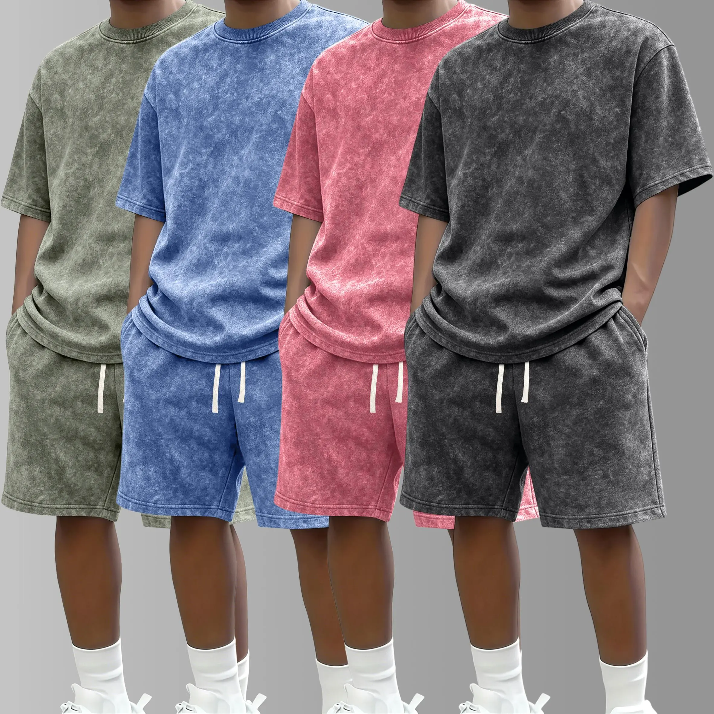 Men's Pre-Washed Cotton Casual Menswear Clothes 2 Piece Sets - Distressed Retro Y2K Style, 2 Options (4-Piece/8-Piece), Round Neck Shortsleeve T-Shirt + Shorts, Suitable for Running, Golf