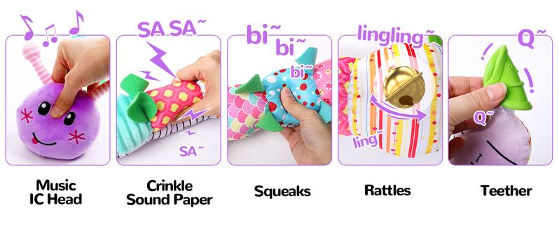 Newborn Baby Girl Gift Toys ,Infant Tummy Time Toys,Musical Stuffed Animal with Multi-Sensory Crinkle, Rattle and Textures,Baby Boy Girl Gifts,Purple ,White Caterpillar