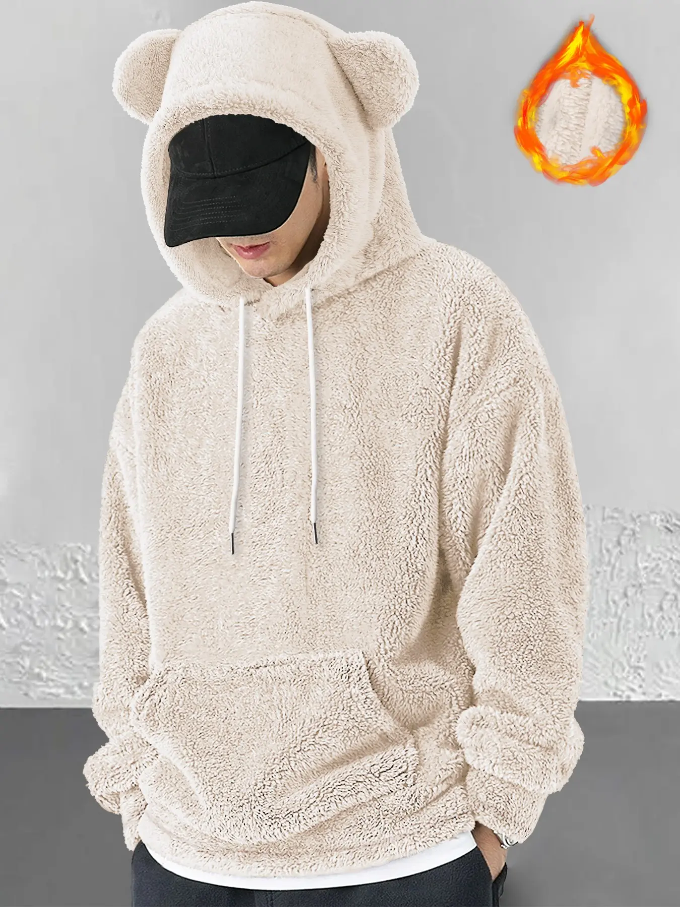 Men's Cute Bear Ear Hoodie, Fuzzy Sherpa Pullover, Winter Warm Casual Top, Street Style, Kawaii Streetwear, Multiple Colors, Couples Fashion