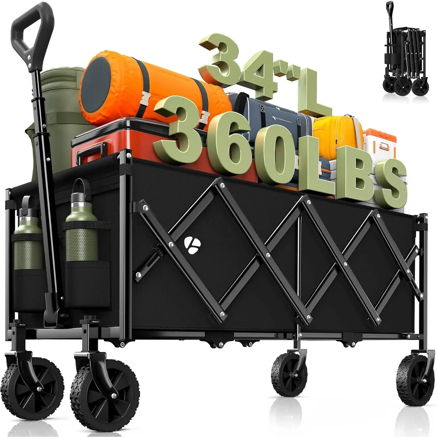 34'' Extra Long Folding Portable Wagon Cart, 120L 360LBS Black | Wagons Carts Foldable, Heavy Duty, Collapsible Compact Storage, Utility for Shopping/Grocery/Garden/Camping/