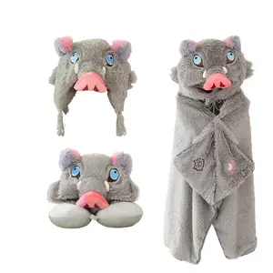 Anime Around Hashibira Inosuke Plush Hat Cloak Wild Boar Head U-shaped Hooded Neck Pillow Cosplay Props Travel Blackout Pillow