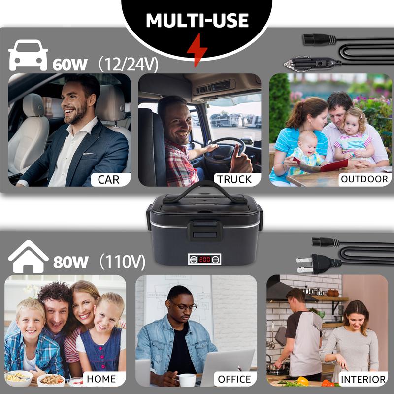 Nifogo Electric Lunch Box for Adults 80W Food Warmer Lunch Box 1.5&1.8L Stainless Steel Container&Bag Tableware 12V/24V/110V for Car/Truck/Work