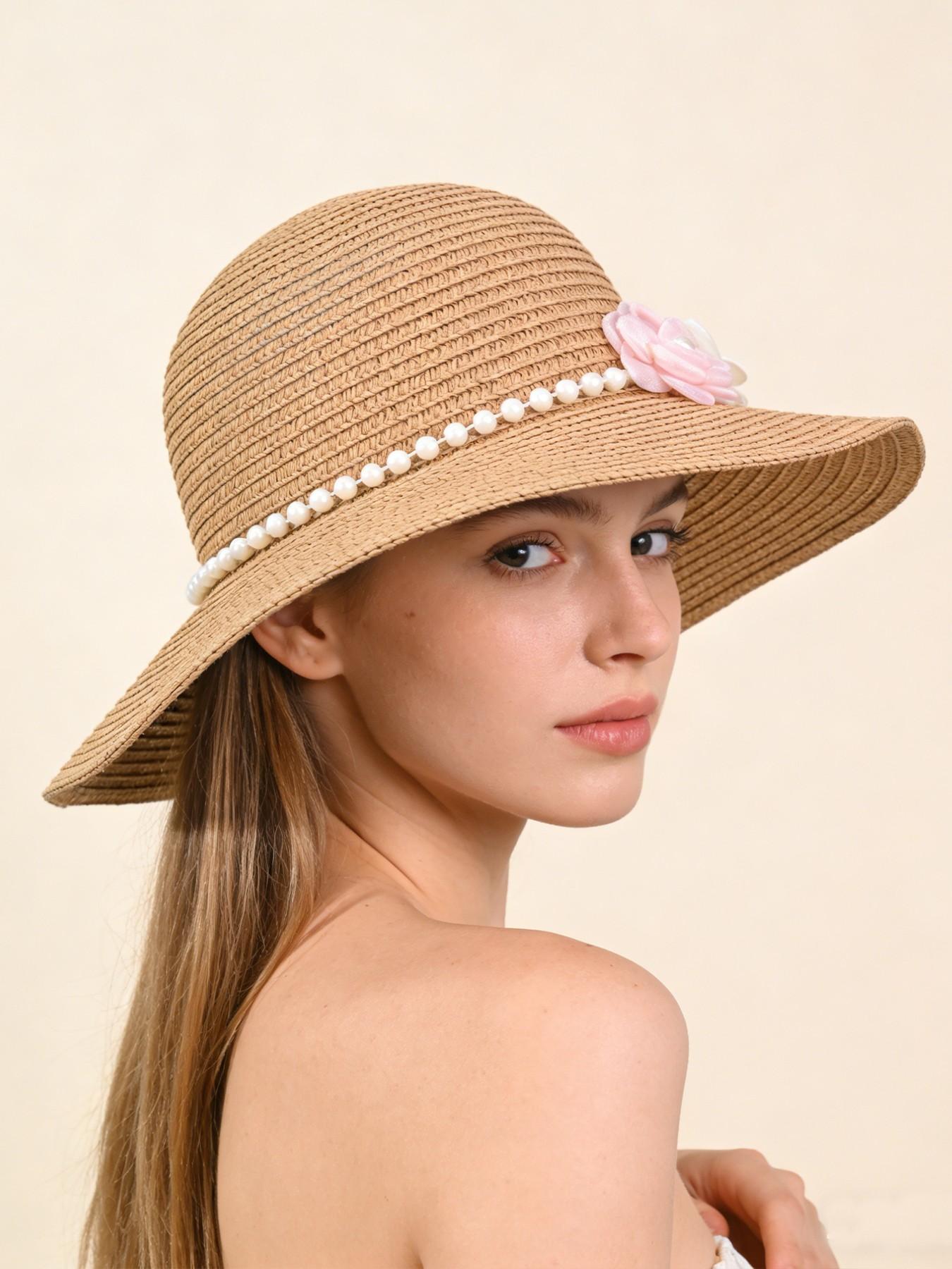 NEW WOVEN FLOWER PEARL DECOR HAT Women main image 2