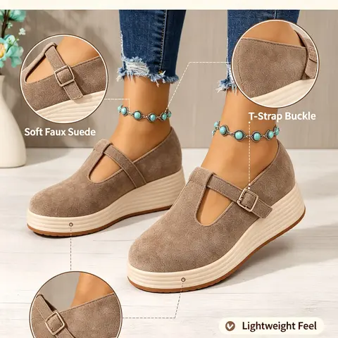 Women's Mary Jane Shoes with, T-Strap Buckle, Metal Adjustable Strap, Round Toe, Wedge, Comfortable Casual Footwear for Spring and Fall