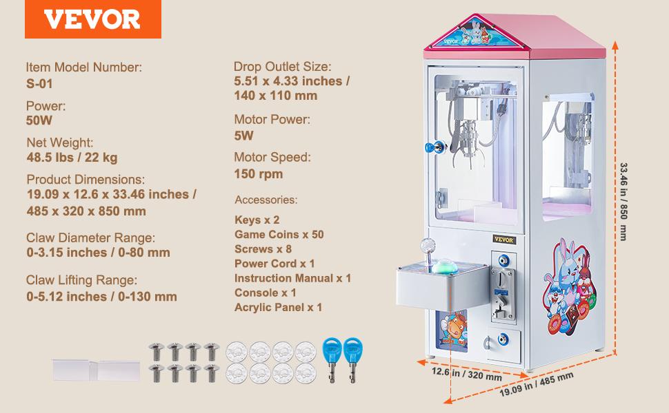 VEVOR Claw Machine, 0-3 Jaw Diameter 0-5 Jaw lifting, Crane Prize Grabber Commercial Arcade Game Toys, Cool Fun Grab-And-Win Machine w/ Light and Sound, Dispenser Vending Toy For Kids, Boys Girls
