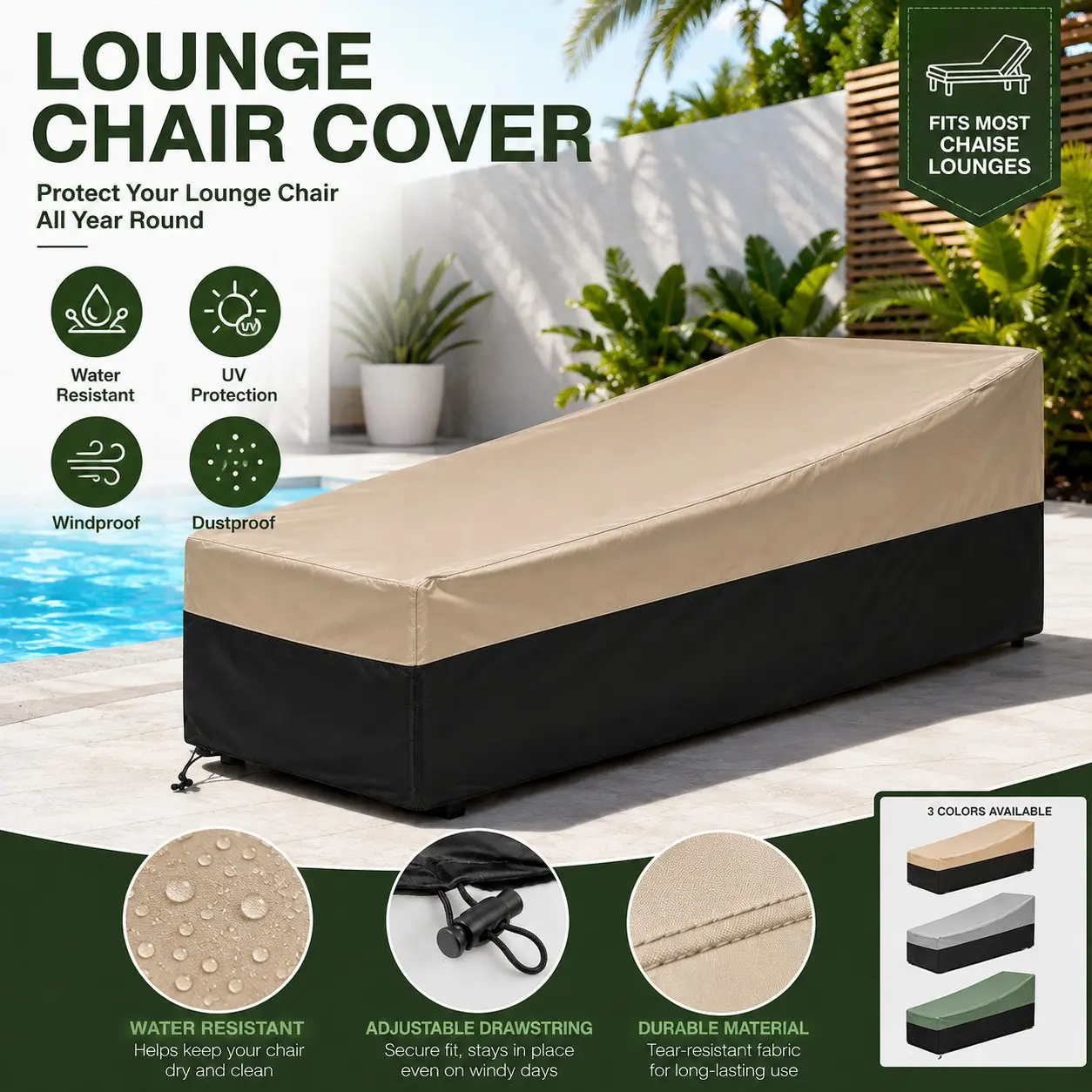 Heavy Duty Durable Waterproof Patio Recliner Chair Cover, 210D Oxford Fabric, UV Resistant Outdoor Lounge Chair Cover with Adjustable Drawstring