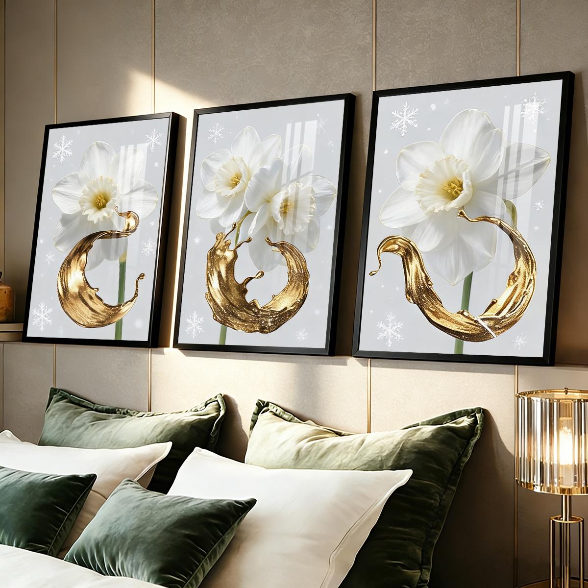3 Counts Aluminum Alloy Framed Painting, White Daffodil Gold Splash Art Pictures, Home Decoration For Living Room, Bedroom, Office, Restaurant, Hallway Wall Decor, Odorless Print Artwork, Luxury Perfect Gift For Friends And Family