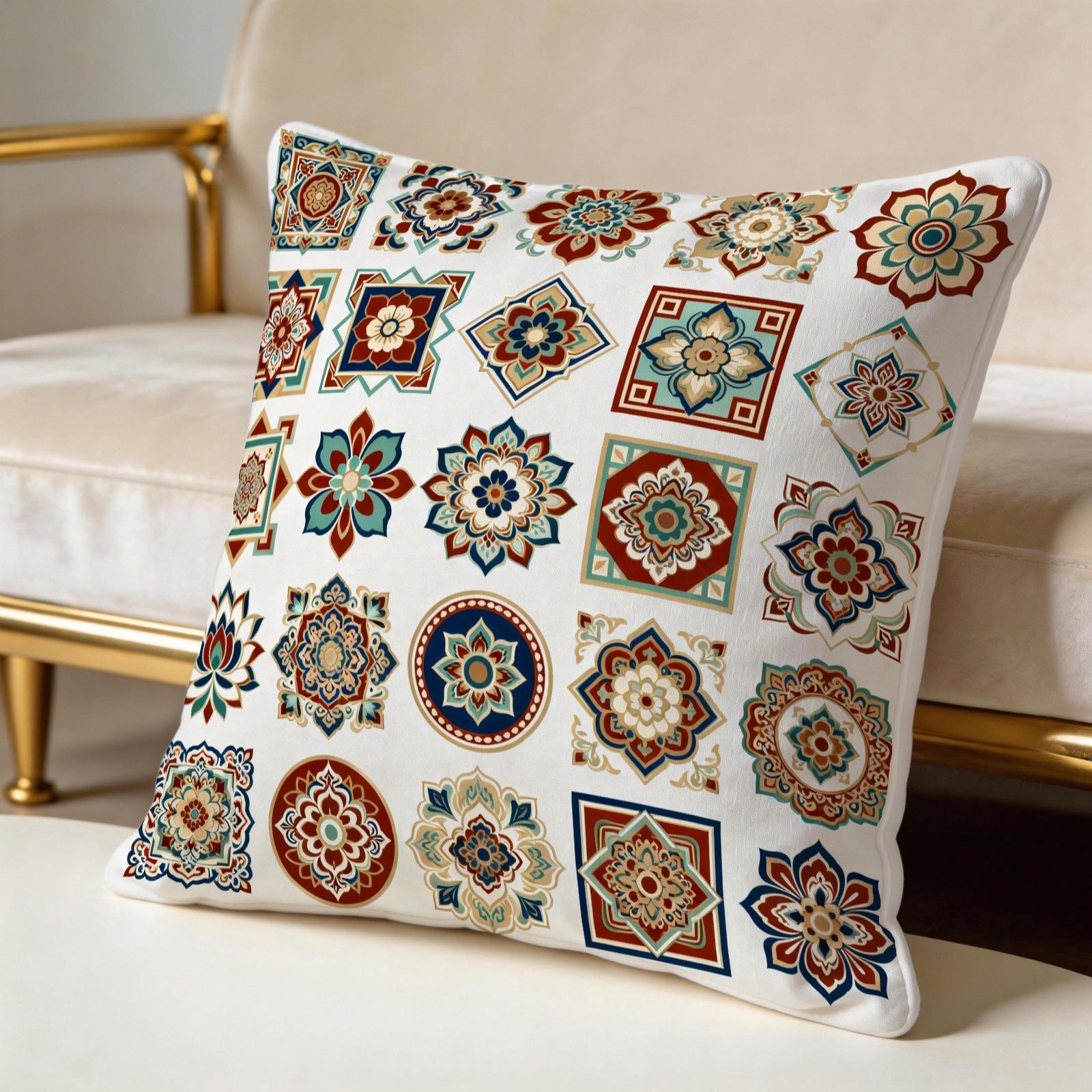 1 Pack 18×18 Inch Boho Mandala Throw Pillow, Vintage Floral Accent Cushion, HD Digital Print Decorative Pillow, Non-Fade Home Decor Pillow for Sofa, Bed, Living Room, Bedroom