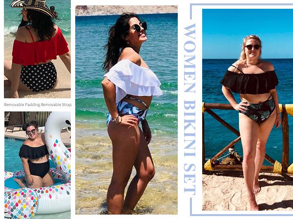 Tempt Me Women Two Piece High Waisted Bikini Set Tummy Control Bottoms Ruffle Swimsuits Off Shoulder Bathing Suits Plus Size Swimsuit with High Rise Bikini Bottom Strapless Swimsuits Scoop Neck