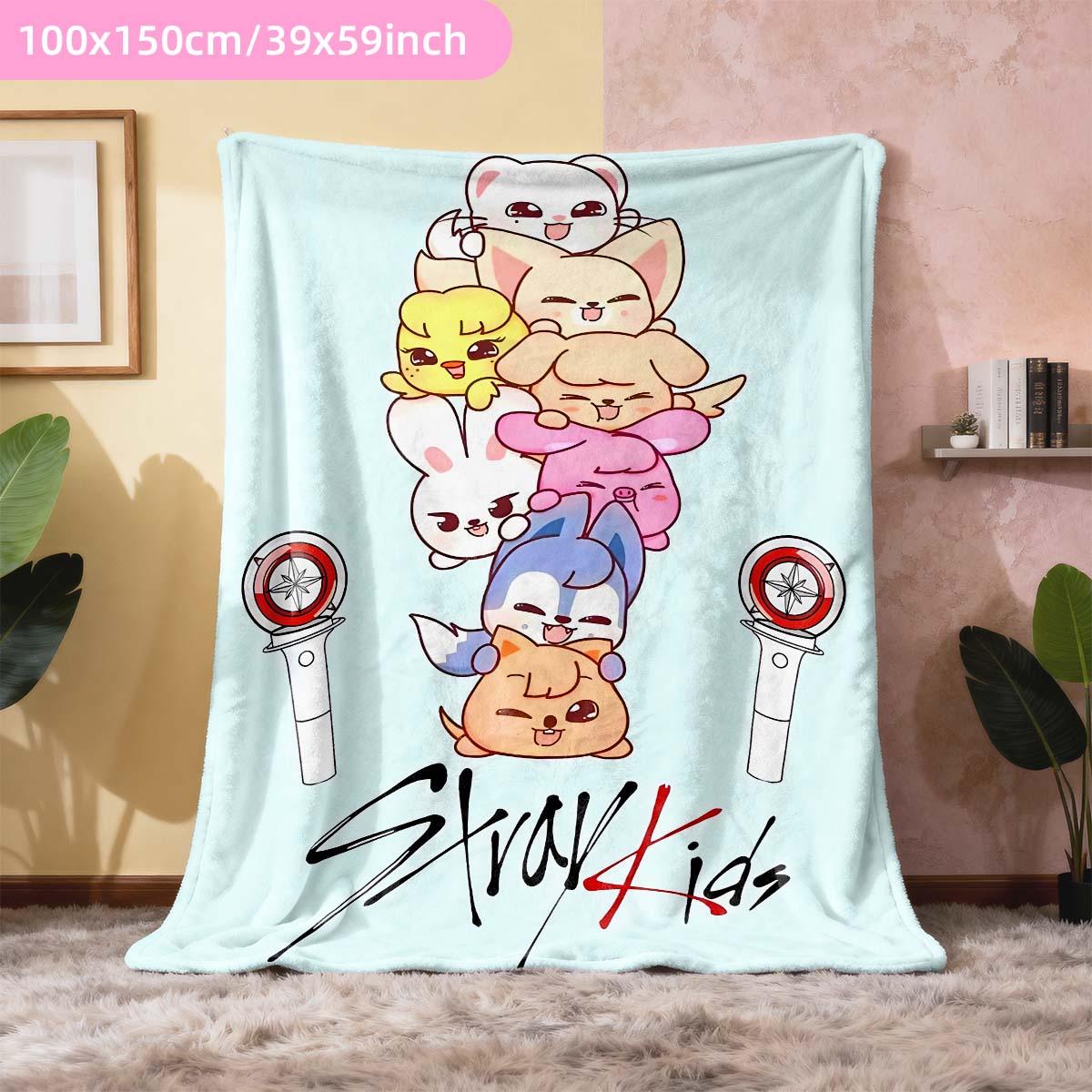 Stray Kids Flannel Blanket, Cute Animal Print, Support Light Element, Soft Healing Throw, Perfect for Fan Bedroom, Sofa, Collectible Gift
