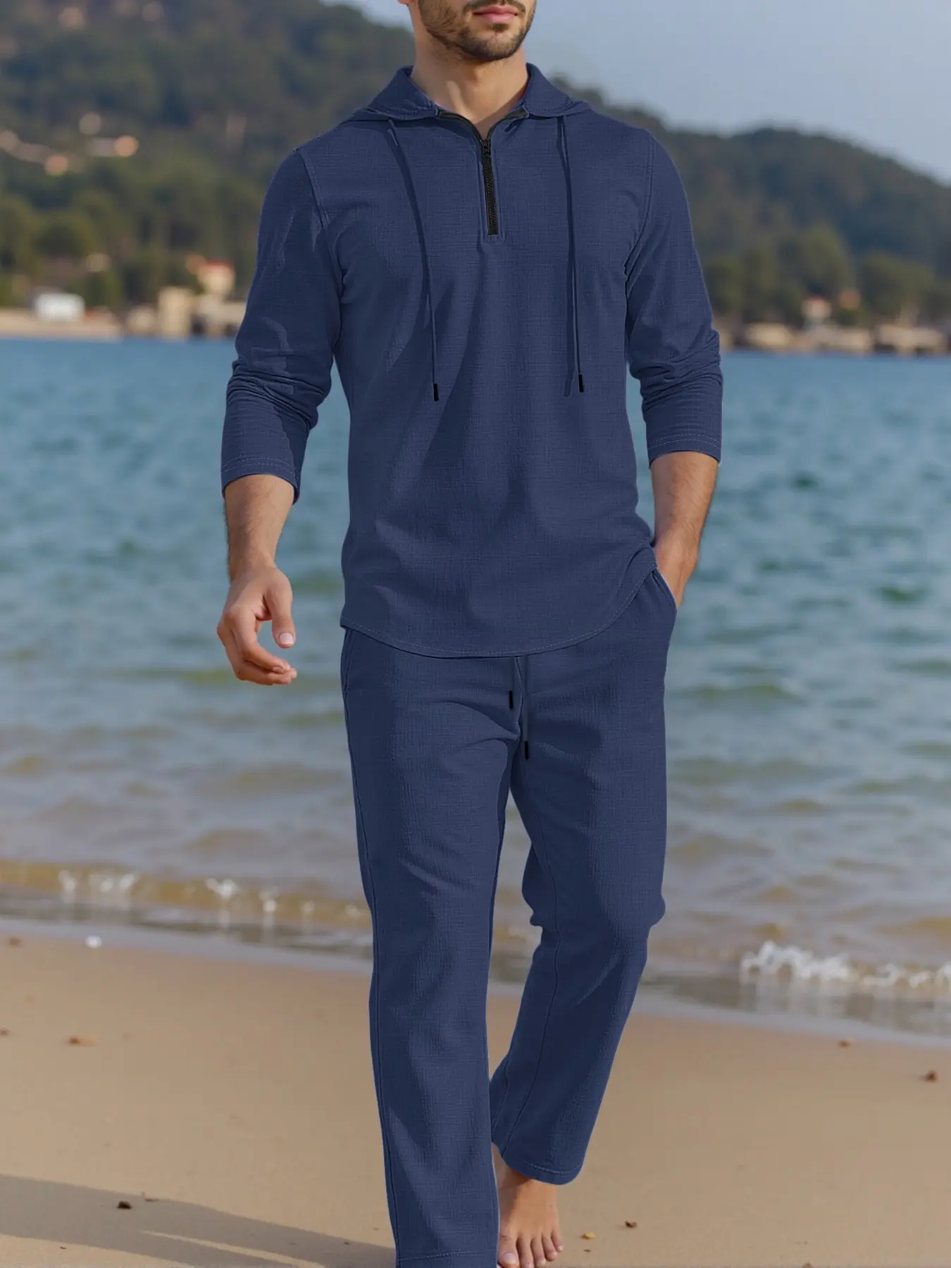 Men's Linen Blazer Set, Casual Long Sleeve Top & High Waist Pants, Asymmetrical Design, All-Season Fashion, Perfect Gift
