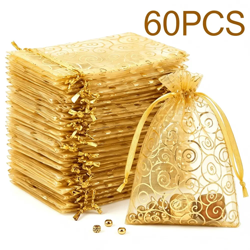 60 Pcs Swirl Print Organza Gift Bags, Reusable Transparent Mesh Party Favor Bags, Ideal for Weddings, Graduations, Holidays