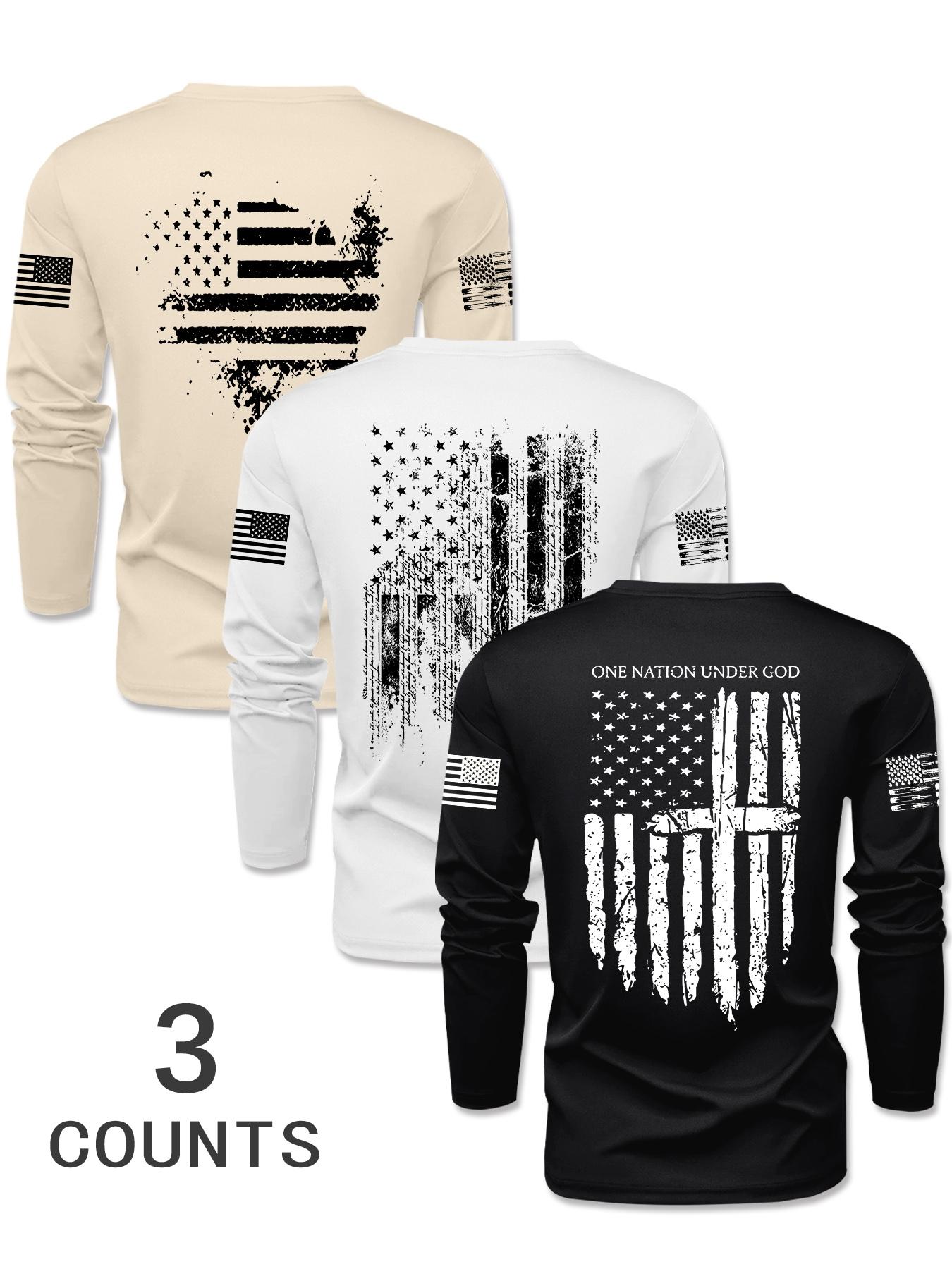 Men's Long Sleeve Round Neck T-Shirts, Casual Polyester Knit Tops with Flag Print, Fitted Style for Outdoor Leisure Daily Wear